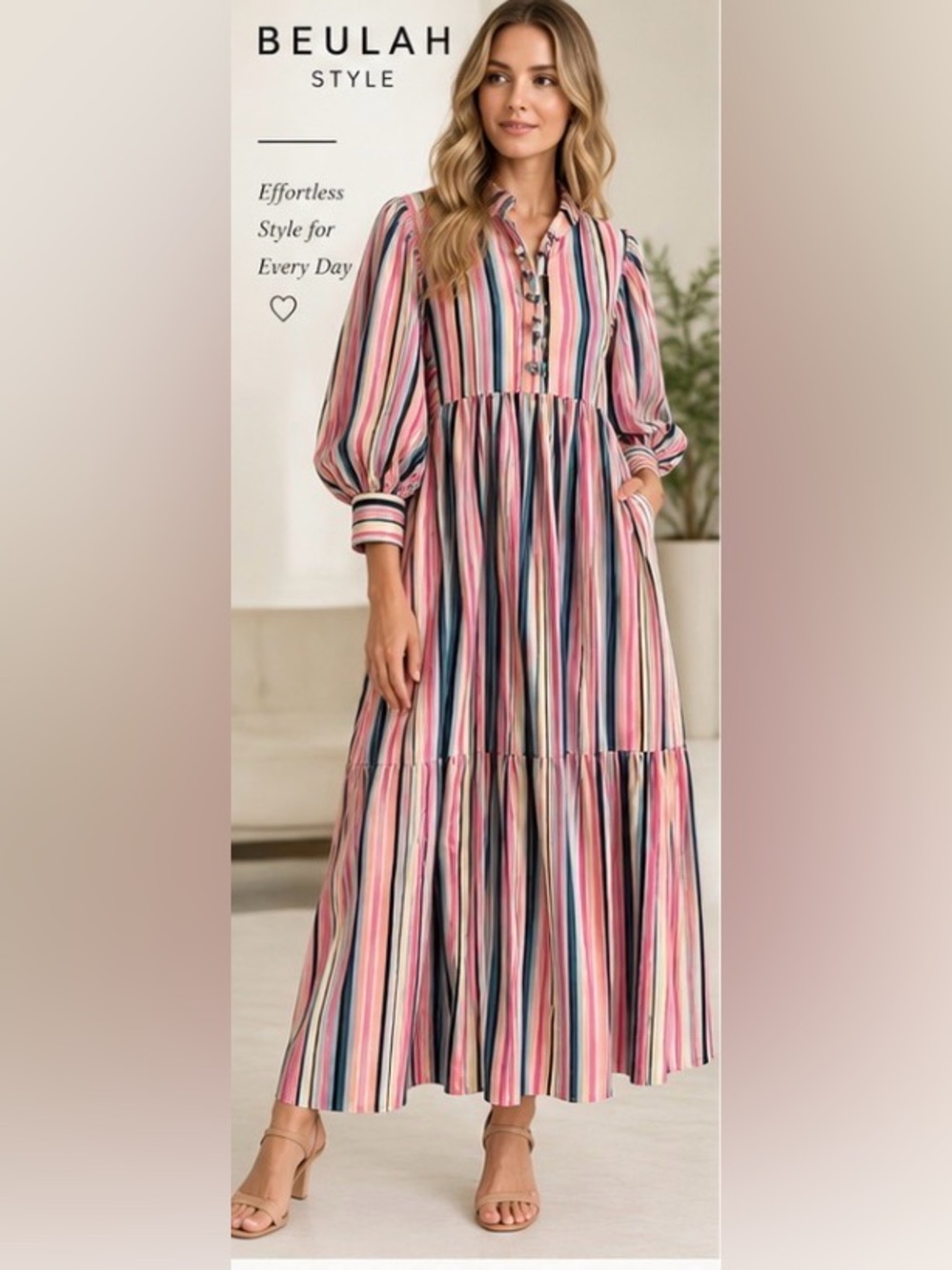 Beulah Style Multicolor Stripe Puff Sleeve Midi Dress M NWT Oversized